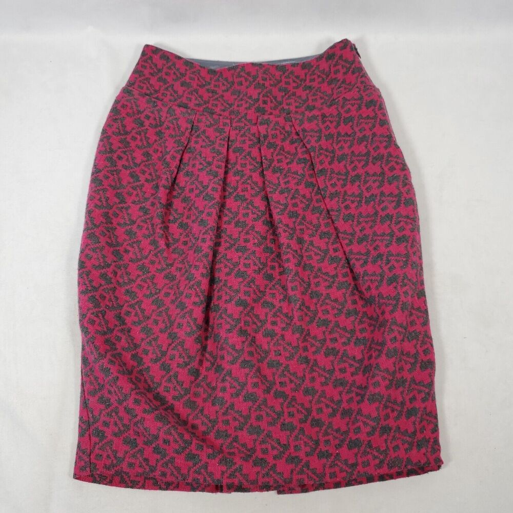 Eva Franco Anthropologie Sz 2 Wool Pleated Pencil Skirt Geo Print Pink Gray Retr